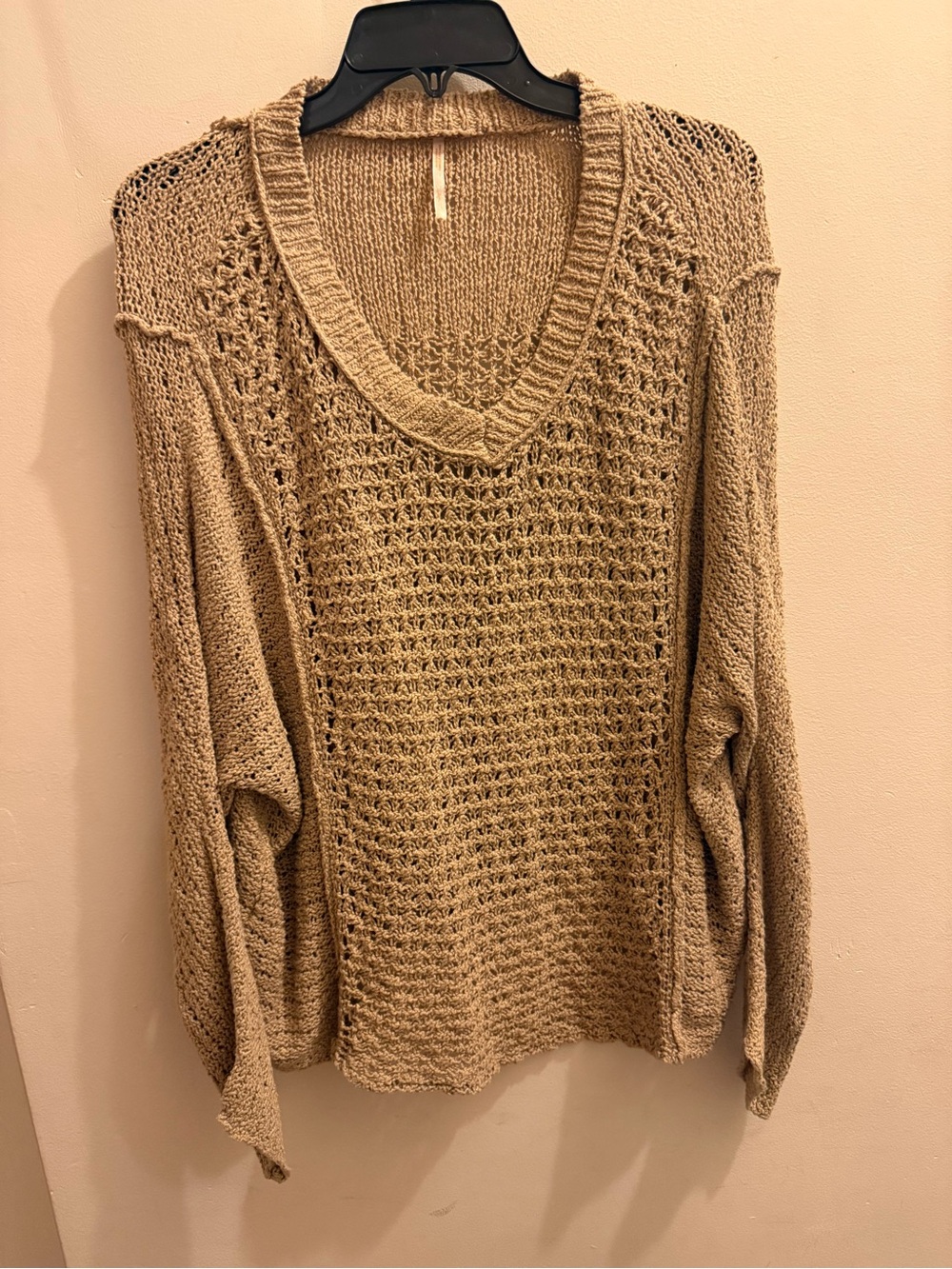 Free People Oversized Open-Weave V-Neck Sweater in Tan